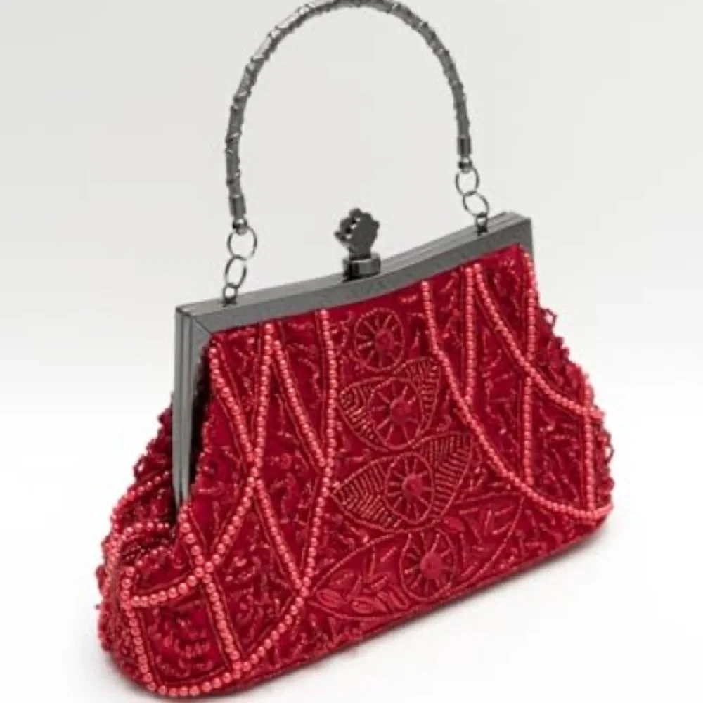 Red Beaded Evening Crossbody Bag with Silver Hardware - Picture 5 of 10